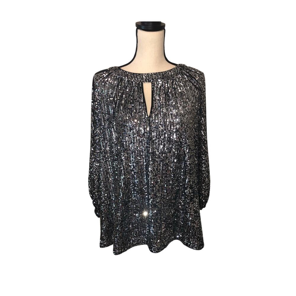 Silver Sequin Top Size XL Sparkle 3/4 Sleeve Tunic Disco Party Showgirl Evening